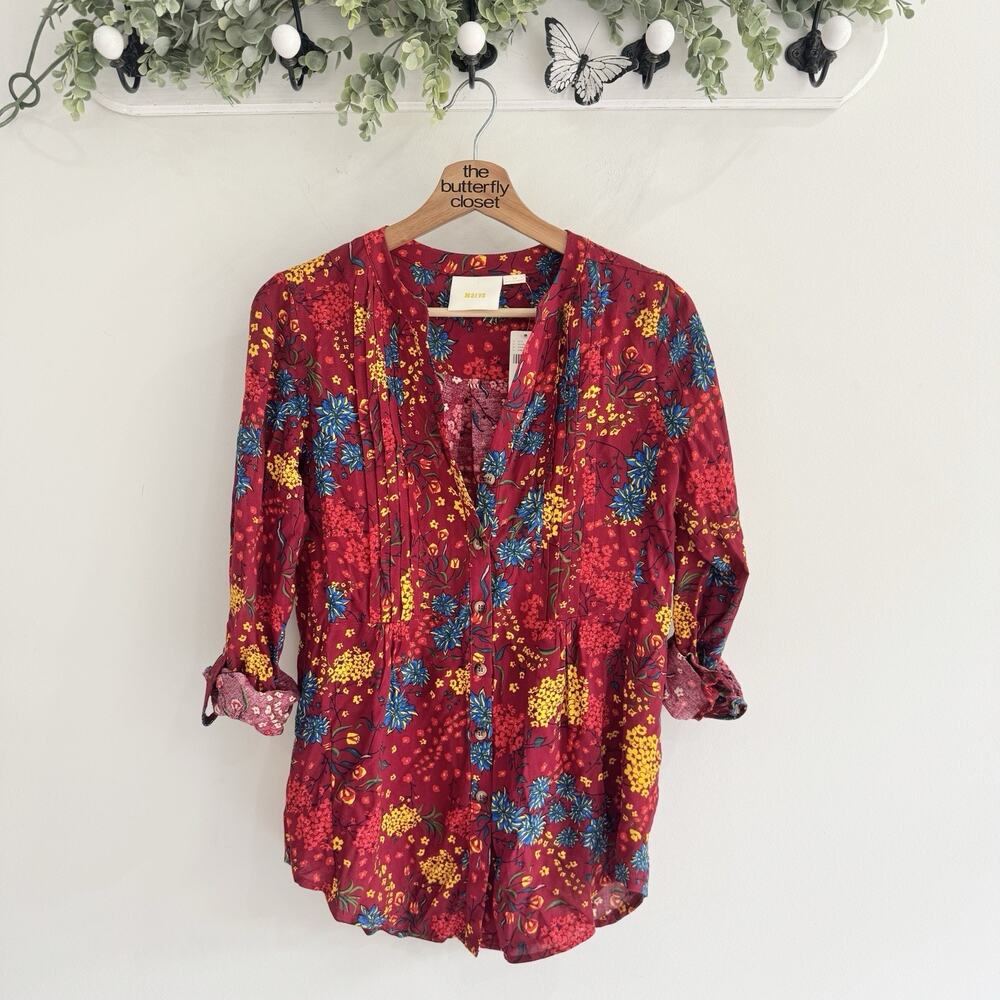 new anthropologie Red Floral Pintuck Pleated Button Down Blouse XS CP